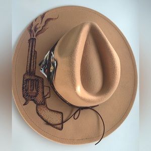 Wide Brim Felt Hat Cowgirl Hat with Pistol Wood Burned